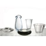 Five pieces of Scandinavian glassware, including a Holmegaard smoked grey glass ashtray designed