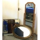 Three 20th Century mirrors, consisting of an oak cheval square plate mirror mounted on wooden back