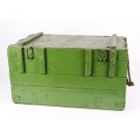 Of Local Interest: A wooden rectangular travelling trunk, painted green with rope handles, the lid