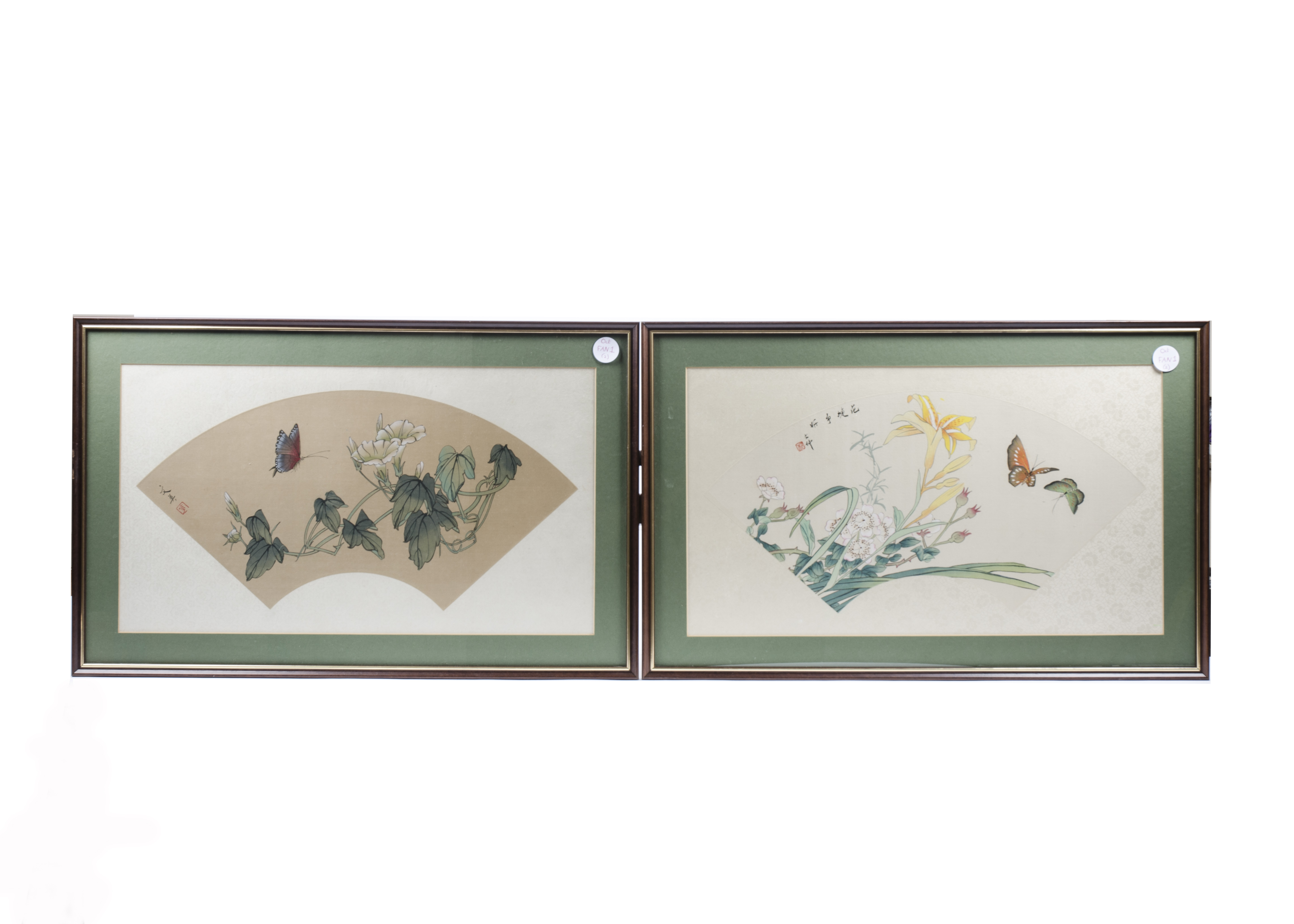 A pair of Japanese Meiji period fan designs, both decorated with painted butterflies and flowers