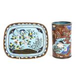 A cylindrical cloisonné vase, decorated with birds flying over flowers , butterflies and bamboo,