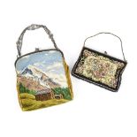 Two Art Deco period evening bags with coloured meshwork chain designs, one depicting an alpine