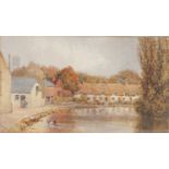 David Law (1831-1931 Scottish) watercolour on paper, a scene of a village pond surrounded by a