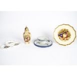 A set of six Ansley plates, with fluted gilt rims, decorated with painted fruit, with a similar pot,