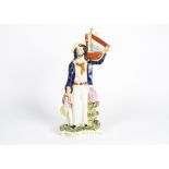 A ceramic figure titled 'Begging Sailor', possibly Staffordshire, modelled as a man holding a ship