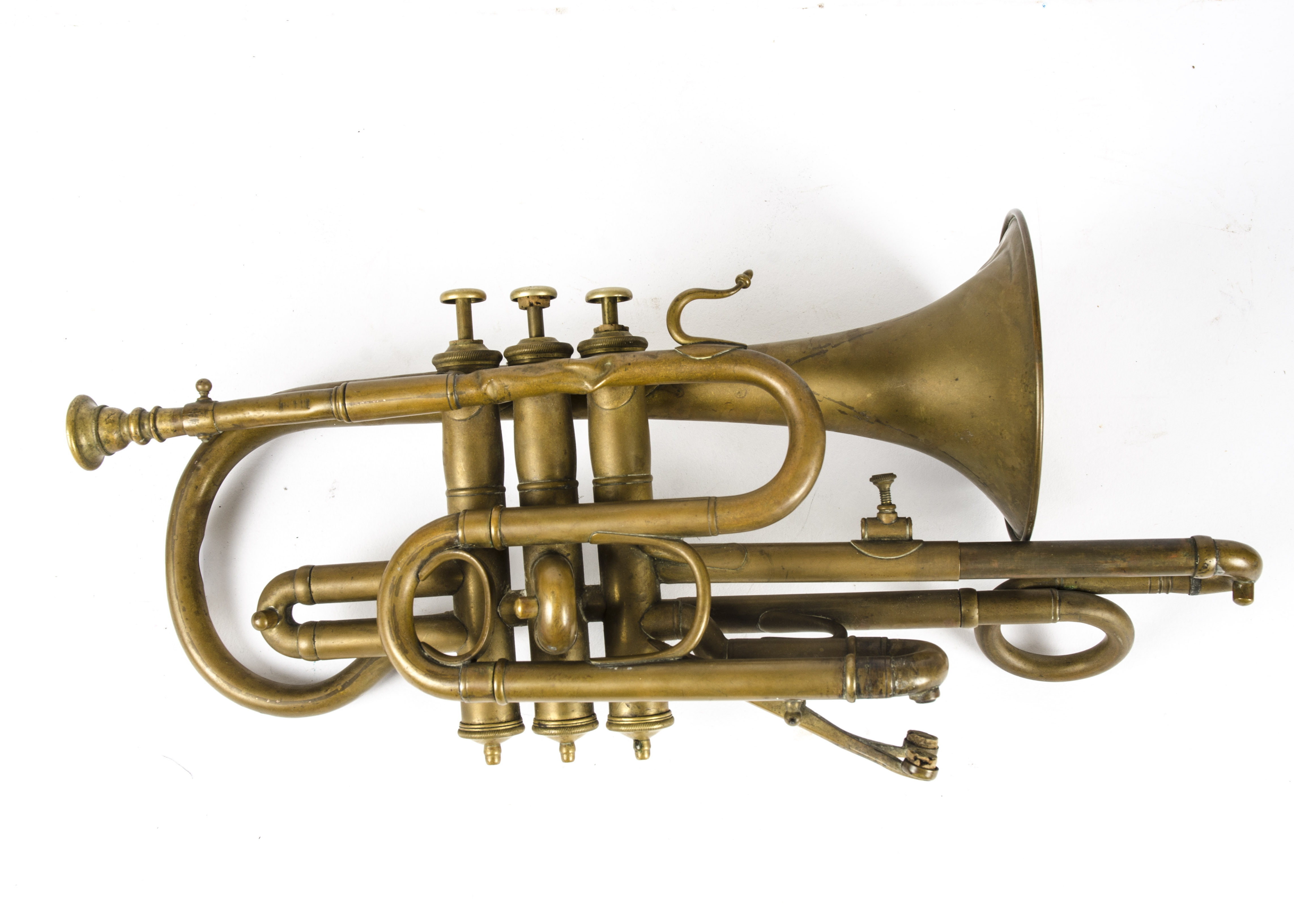 A 20th Century brass three valve cornet, overall length 41cm