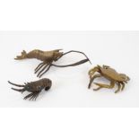 Three brass and bronze sea creatures, in the Japanese decorative arts tradition, the bronze shrimp