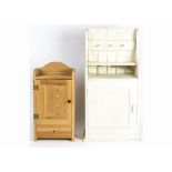 Two pine kitchen or pantry cupboards, one painted white with upper shelf and hooks, height 74 cm x