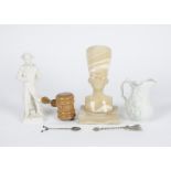 A wooden gavel, length 24cm, together with several collectable items, a Parian Napoleon figure,