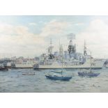 A Naval oil on canvas, depicting HMS Russell (F97), HMS Edinburgh (D97) and INS Taragiri (F41) in