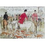 A 20th Century comical hunting print, depicting three hunters on horseback accompanied by hundreds