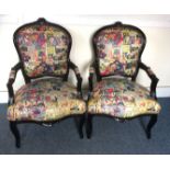 A pair of French Louis XVI style arm chairs, with Superman Comic strip leatherette upholstery and