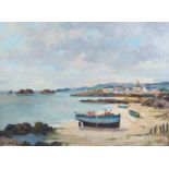 Andre Jourlin contemporary oil on canvas, depicting a harbour scene, titled 'Fishing Village' to a