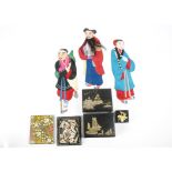 Three Chinese textile and card figures one with real human hair and beard, together with four