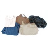 A selection of ladies clothing and accessories, including a dark brown Jones leather bag and two Gio