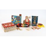A large collection of vintage Christmas decorations, including a box of Jack Frost Christmas