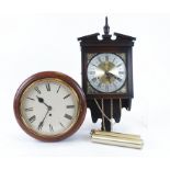 A single fusee circular wall clock, with plain enamel dial and roman numerals, diameter 31cm,