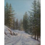 Jean Batut (French 1904-2012) oil on canvas, showing a solitary path leading through snowy