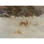 Leif Ragn-Jensen (1911-1993) Danish oil on canvas, depicting a hare running through the snow, signed