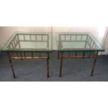 A pair of contemporary square glass topped side tables, with a gilt faux bamboo design metal frames,
