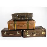 Four vintage suitcases, all brown in colour, the largest with mounted wooden divisions and green