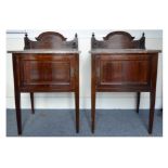 A pair of Edwardian mahogany marble topped cabinets, gallery backed with swag decoration, a single-