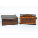 Two antique rosewood boxes, the first a sarcophagus shaped tea caddy on bun feet, 18cm x 36cm x