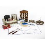 A plated metal blue enamel dressing table set, consisting of mirror, brushes and pots, together with