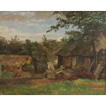 A 20th Century oil on board, depicting farm buildings surrounded in woodland, indistinct