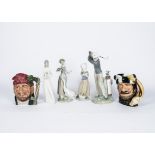 A collection of Doulton and Lladro, including a Lladro golfer, height 29 cm and character jugs The