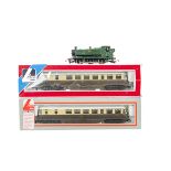 Pair of Lima 00 Gauge Diesel GWR Railcars and Graham Farish Pannier Tank, in chocolate and cream