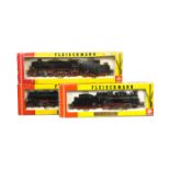 Fleischmann HO Gauge Steam Locomotive and Tenders, a boxed trio of locomotives all in black livery