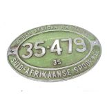 South African Railways Locomotive Plate, an oval cast alloy example inscribed South African Railways