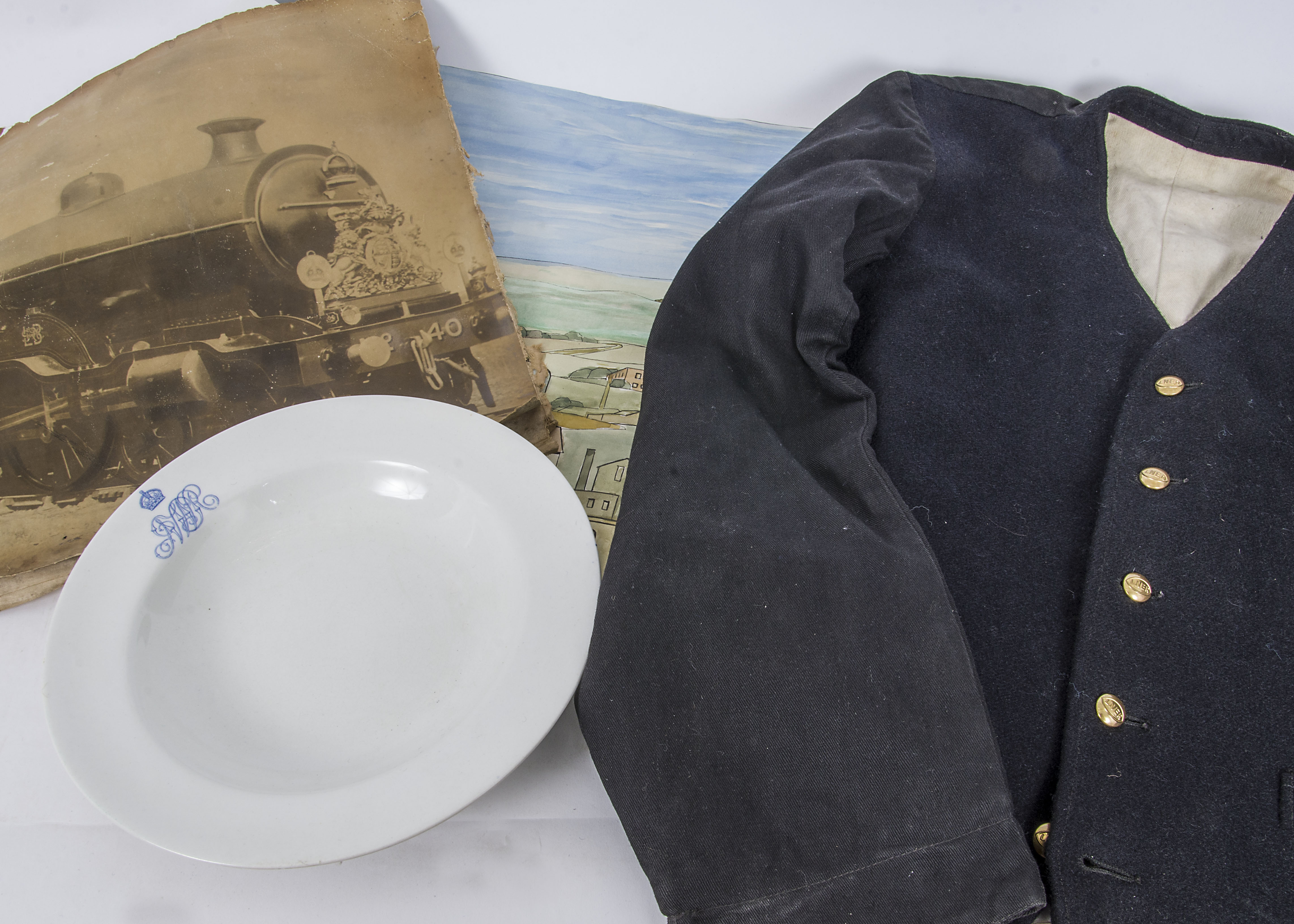 Railway Memorabilia Photograph and Layout Background, a Royal Doulton NWR Soup Bowl, LNER Uniform