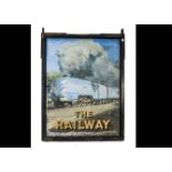 The Railway Public House' Swing Sign, a printed wooden example mounted with iron bracket,