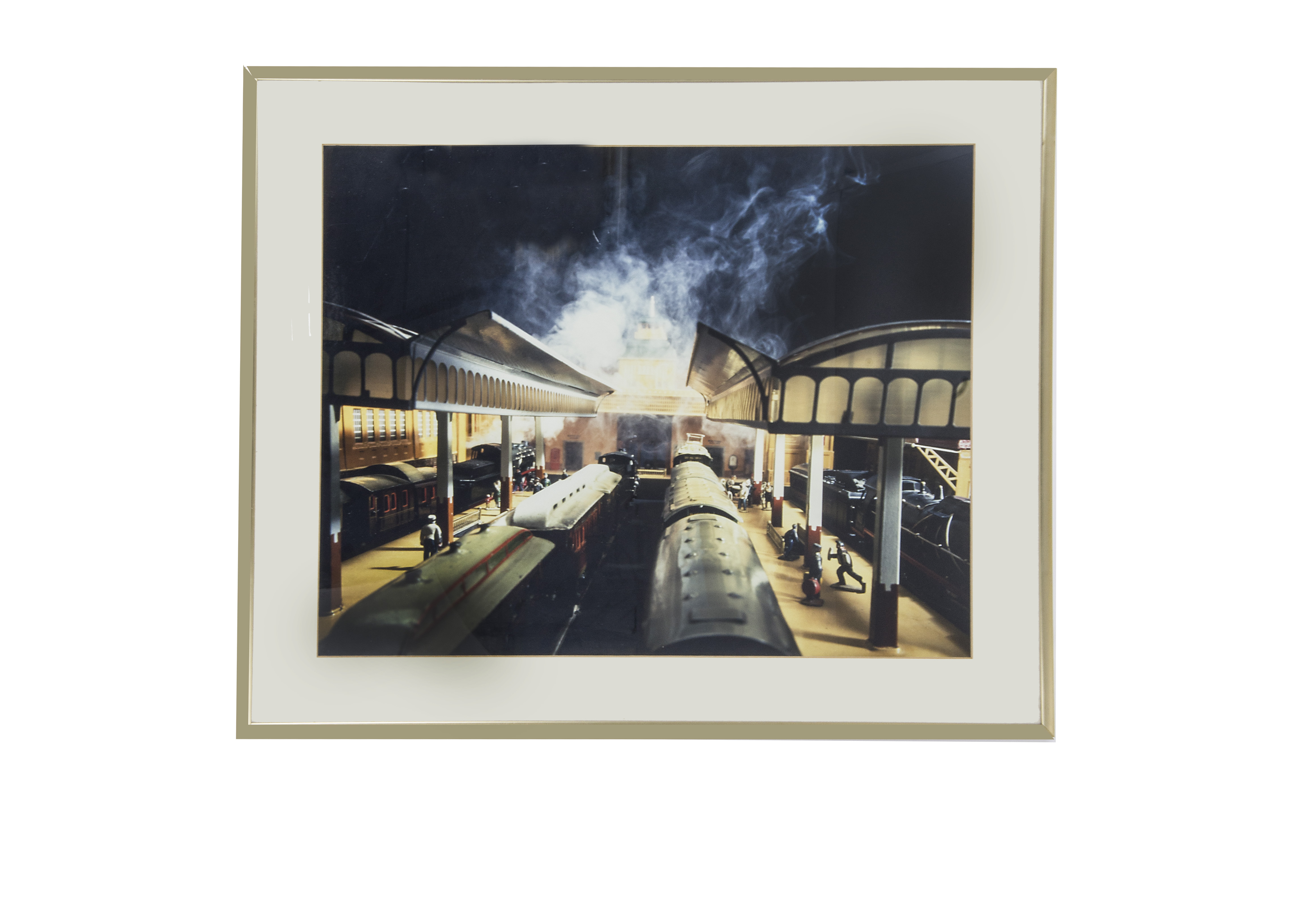 A Framed Colour Photograph of a smokey Märklin Leipzig Station Scene, as used on the cover of the