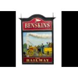Benskins 'The Railway Public House' Swing Sign, an arched painted metal example in wooden frame,