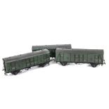 Three Gauge I Finescale BR (Southern Region) 4-wheel PMV/CCT Vans, all in weathered BR(SR) green,