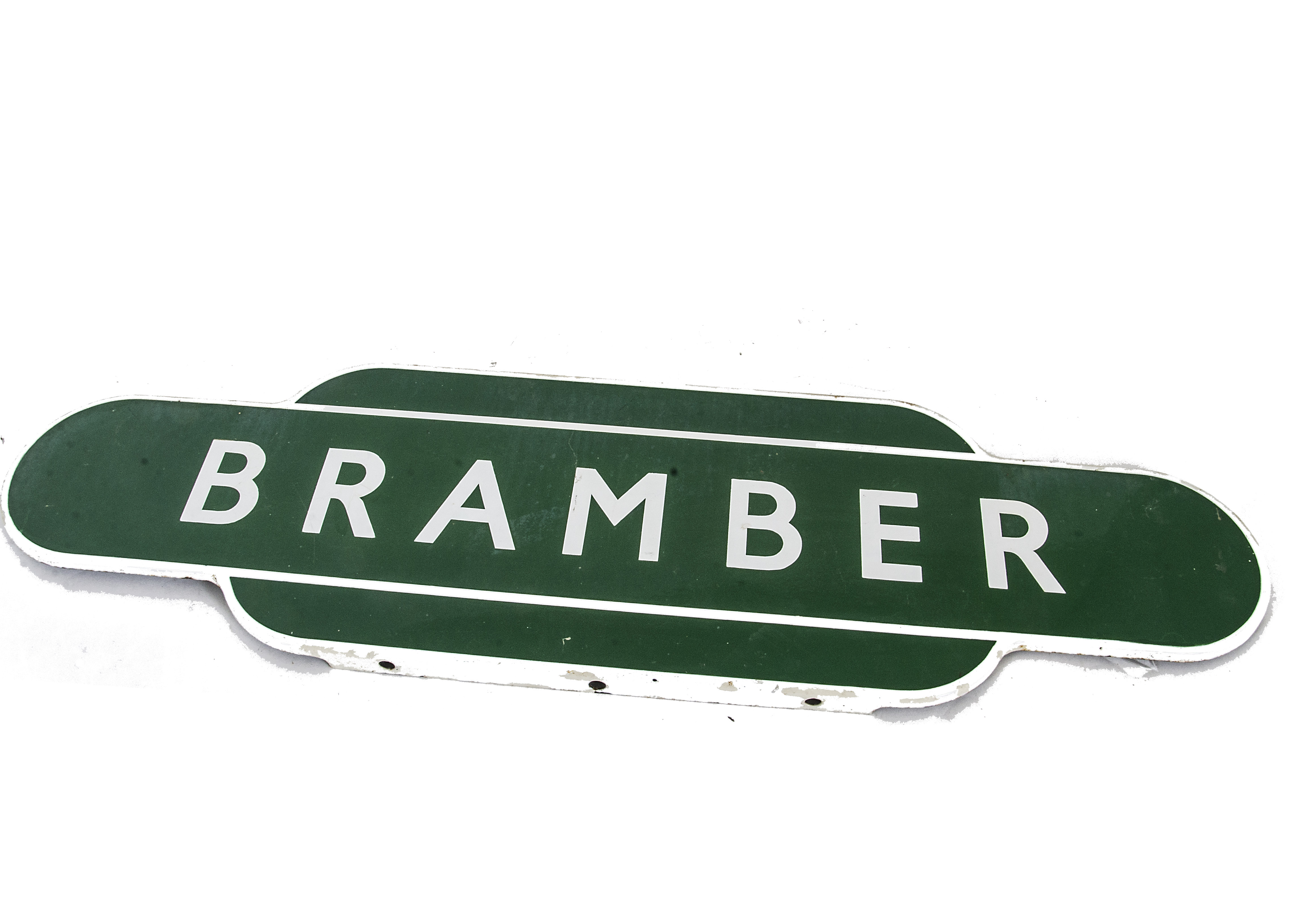 A BR Southern Region Totem Station Sign 'Bramber', an enamelled original fully flanged station sign,