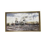 A Terry Shelbourne Oil on Canvas, framed, depicting engine sheds and a range of steam locomotives,