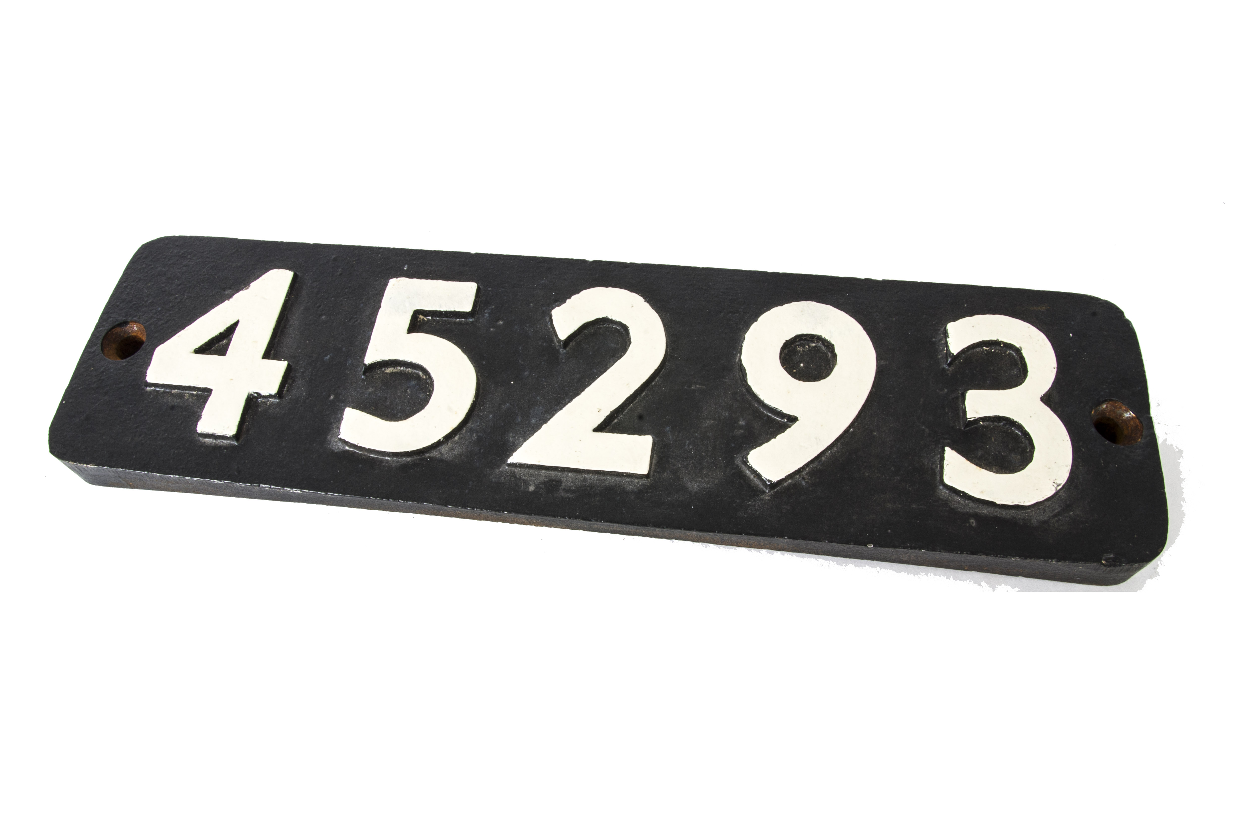 A BR 'Black Five' Smoke Box Number Plate 45293, a cast iron plate with white lettering (repainted)
