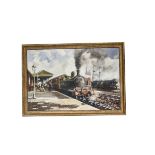 A Terry Shelbourne Oil on Board, framed, depicting a railway station with steam passenger train at