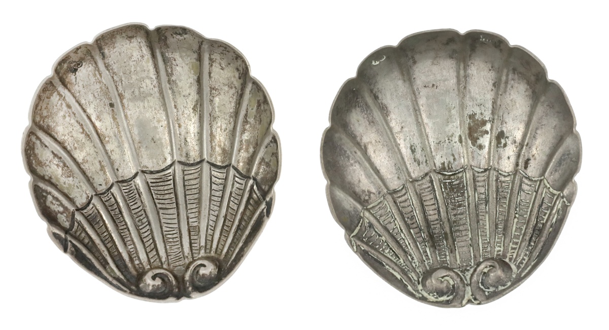 A Pair of 19th Century Silver Clamshell footed Saucers from a Noble Family. Likely German. 2 3/8 x