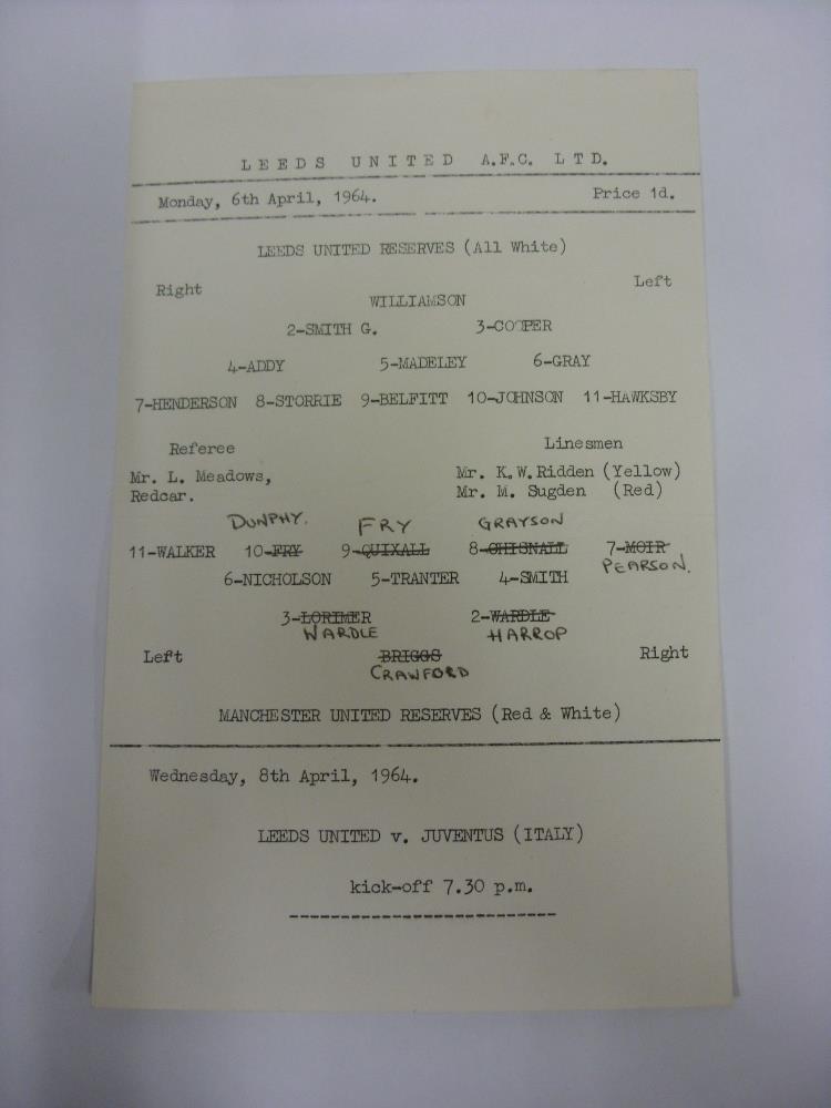 1963/64 Leeds Utd Reserves v Manchester Utd Reserves, a single sheet programme from the game
