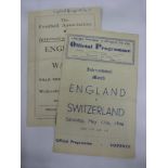 England, a pair of home football programmes, in various condition, 1946 Switzerland at Chelsea, 1948