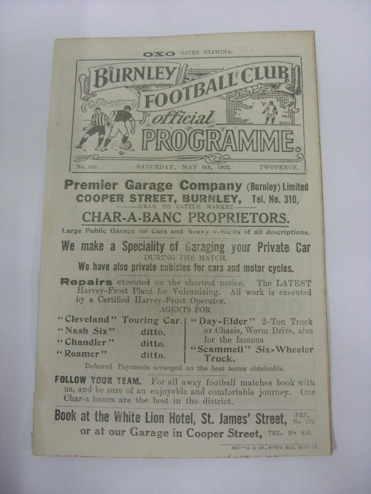 1921/22 Burnley Reserves v Blackpool Reserves, a programme from the game played on 06/05/1922, ex