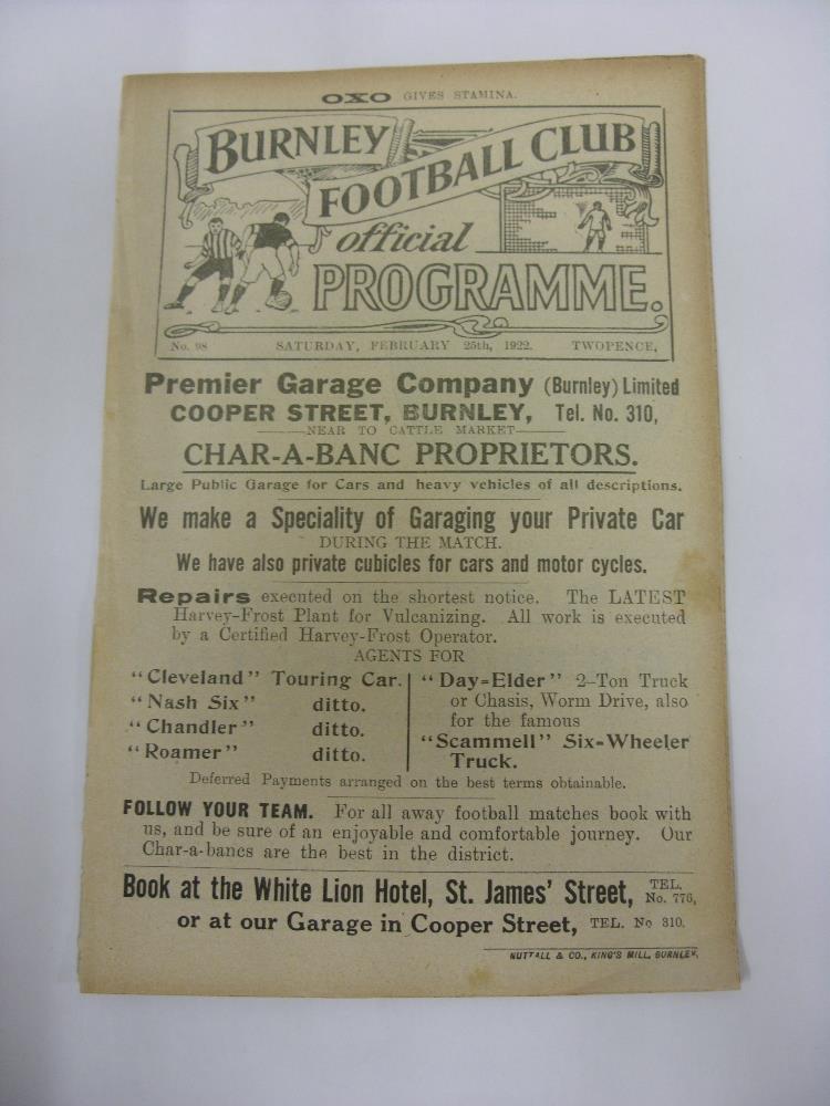 1921/22 Burnley v Bolton, a programme from the game played on 25/02/1922, ex bound volume, in good