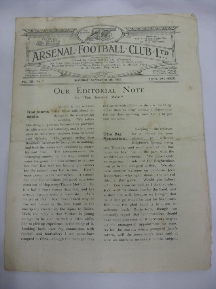 1923/24 Arsenal Reserves v Fulham Reserves, a programme from the game played on 08/09/1923, folded