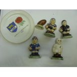 Rugby Union, ceramics, a collection of 5 small Rugby Union figures, and a small plate produced in