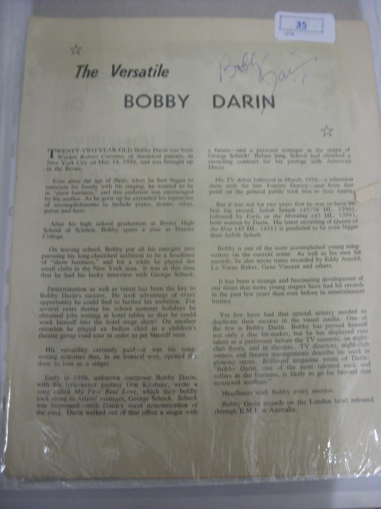 Pop Music, Bobby Darin, an autographed page from a programme, slight tear